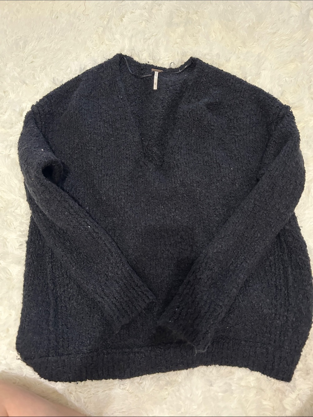 Free People Womens Black Bouclé Oversized V neck Sweater